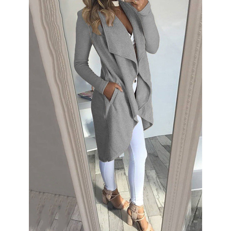 Einfarbiger Revers Slim Lange Windbreaker Jacke