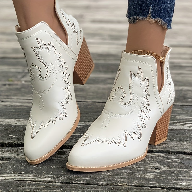 Damen Westernstiefel mit Blockabsatz und Retro-Stickerei
