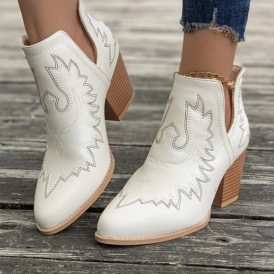 Damen Westernstiefel mit Blockabsatz und Retro-Stickerei