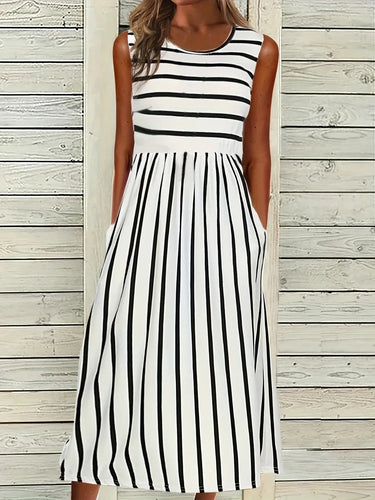 Sommerhemd Ohne Ärmel Streifen Lässiges Kleid Strickpullover mit Taschen