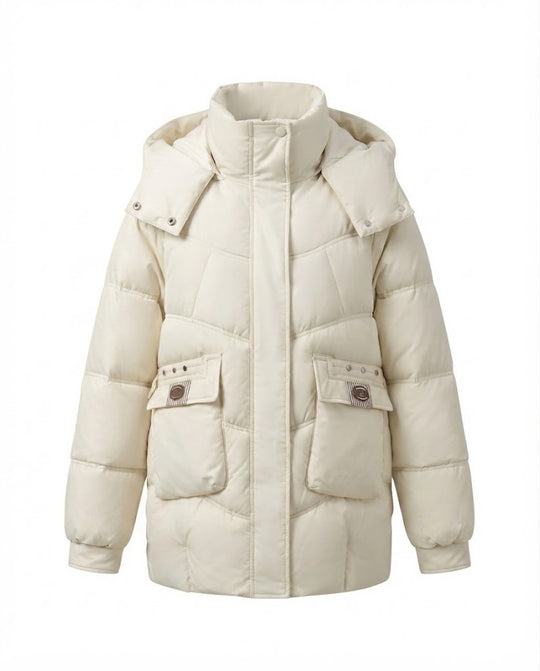 Damen mid-long gepolsterte Parka mit hohem Stehkragenklappe, verstaubarem Kapuze und großen Cargo-Taschen