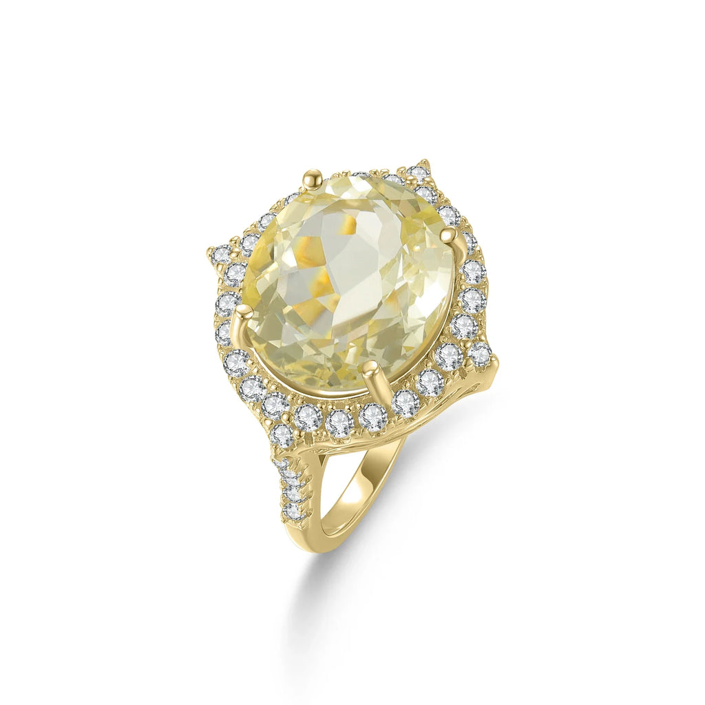 Zitronencitrin-Ring Verlobungsring mit großem gelbem Citrin und klarem CZ-Cocktailring | Shop Nory