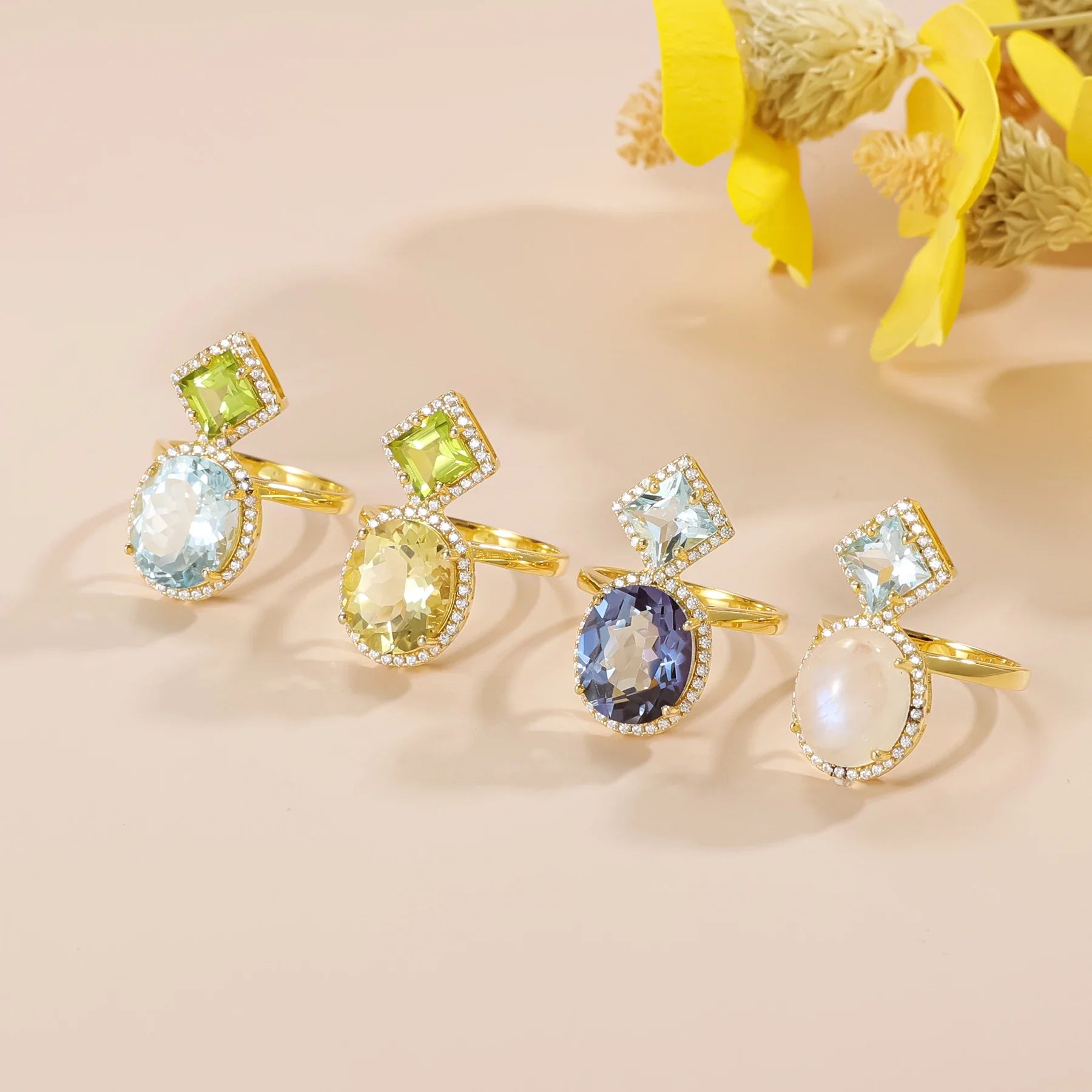 Verlobungsring mit Zitronencitrin, grünem Peridot und klarem CZ Cocktailring, Zwei-Stein-Ring | Shop Nory