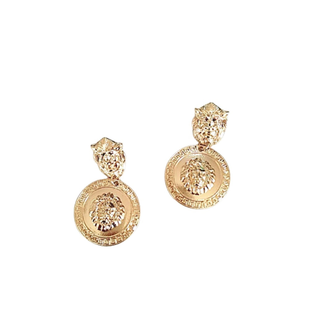 Lion Head Gold Plated Runde Medusa Medaillon Münz Ohrringe | Shop Nory