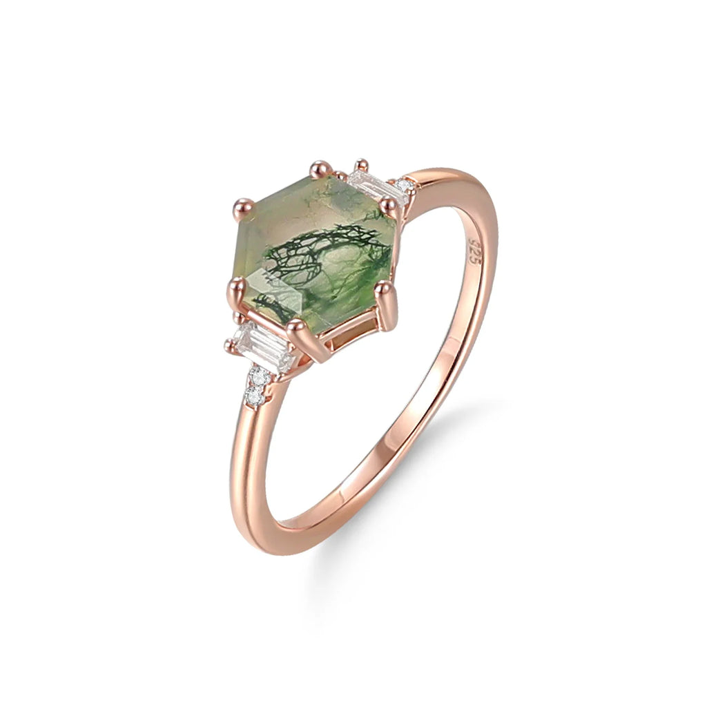 Moosachat-Ring mit einem sechseckigen Moosachat-Ring aus Roségold für Damen | Shop Nory