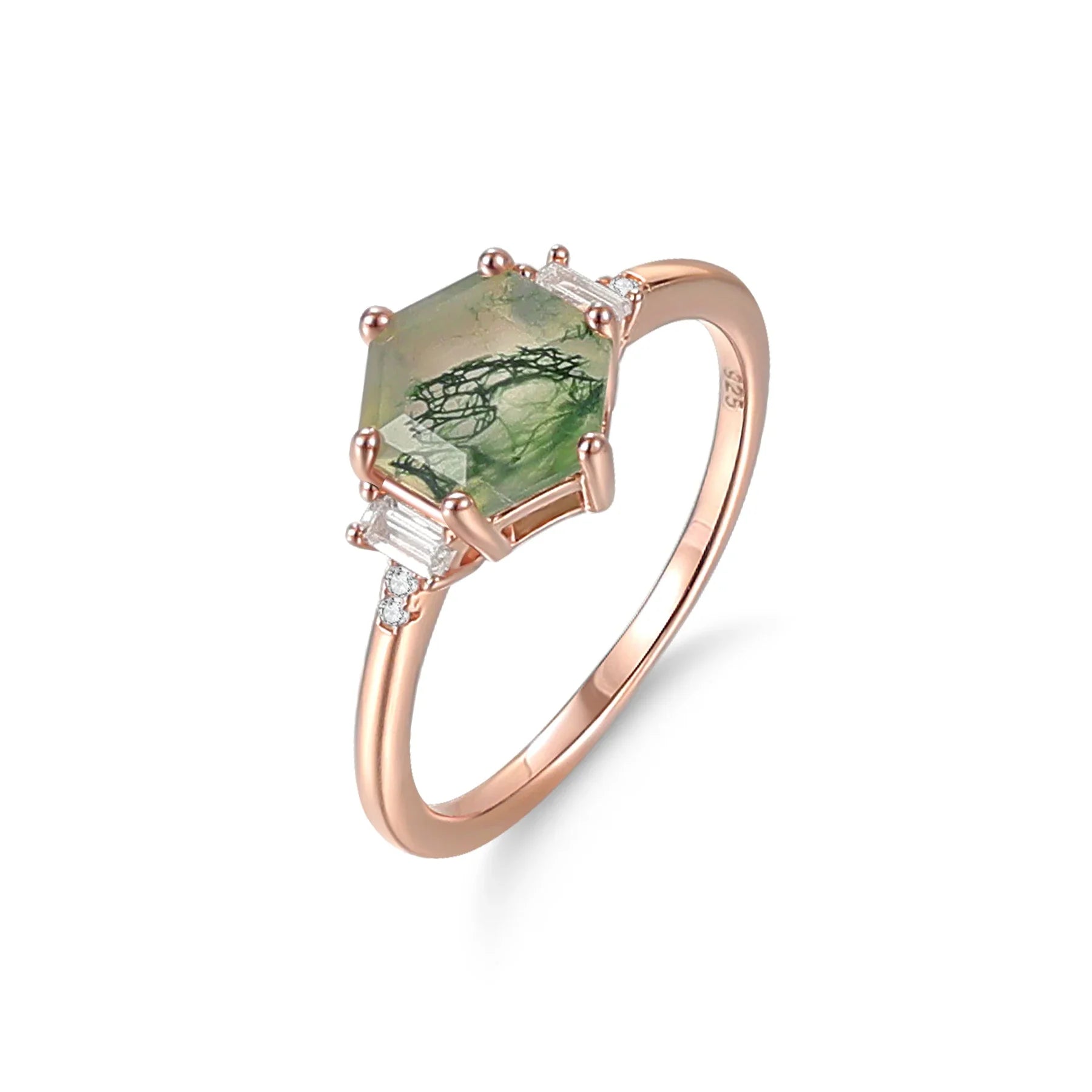 Moosachat-Ring mit einem sechseckigen Moosachat-Ring aus Roségold für Damen | Shop Nory