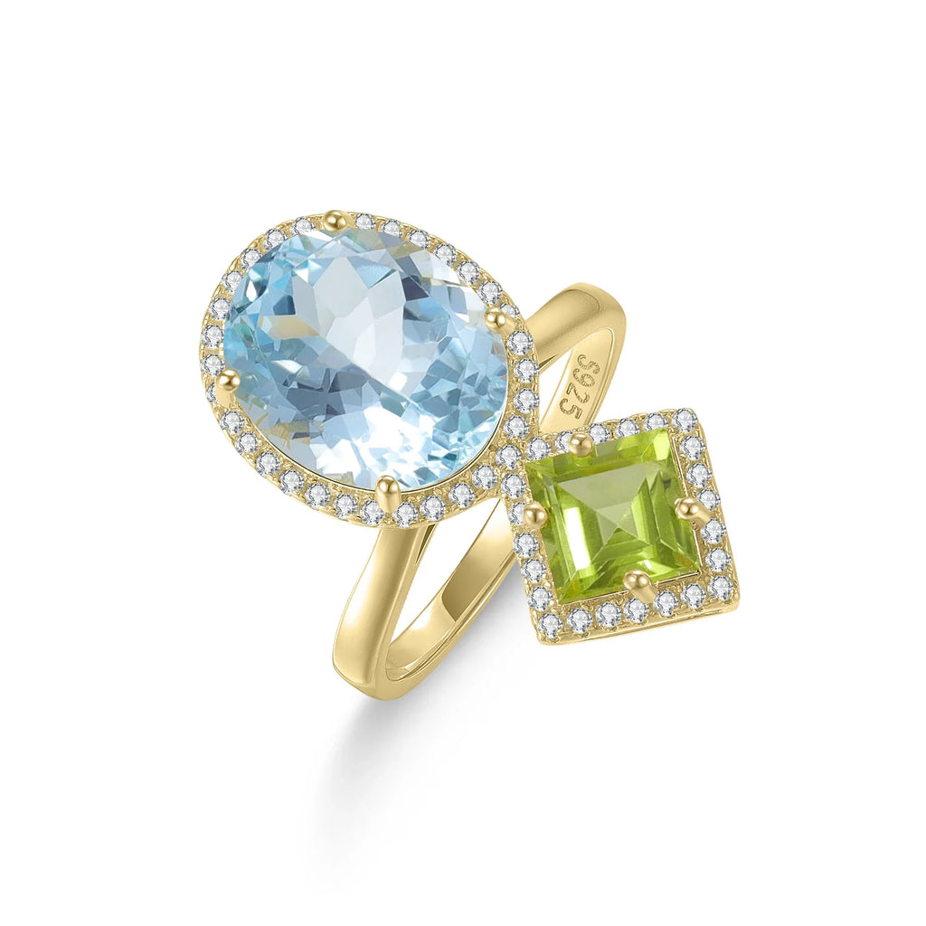 Ring mit blauem Topas und Peridot mit zwei großen Edelsteinen einzigartiger Verlobungsring | Shop Nory