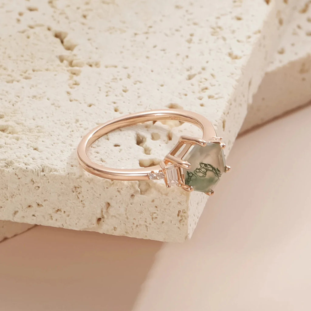 Moosachat-Ring mit einem sechseckigen Moosachat-Ring aus Roségold für Damen | Shop Nory