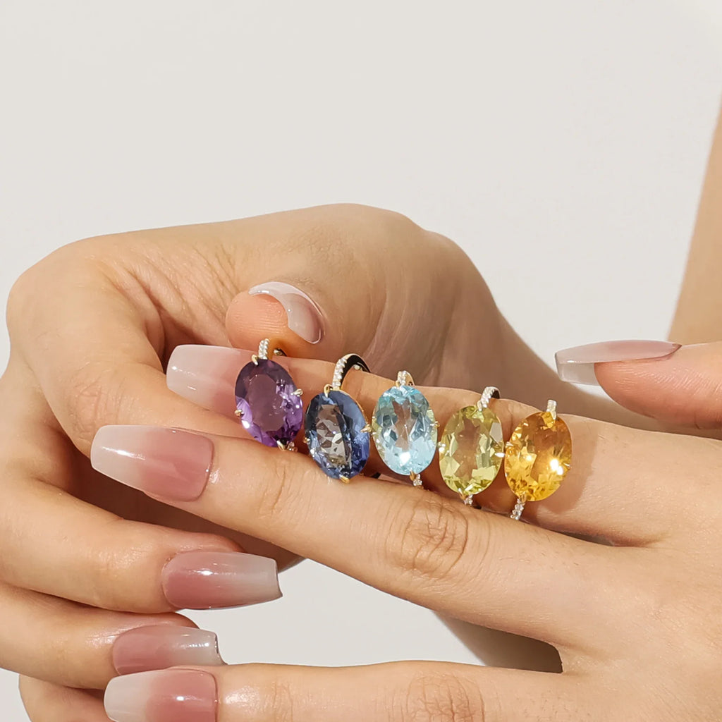 Cocktailringe mit großen ovalen Edelsteinen Amethyst Topas Citrin Zitronenquarz Mystischer Quarz | Shop Nory