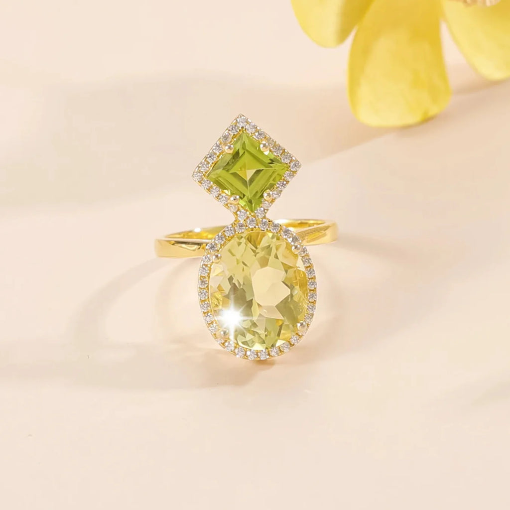 Verlobungsring mit Zitronencitrin, grünem Peridot und klarem CZ Cocktailring, Zwei-Stein-Ring | Shop Nory
