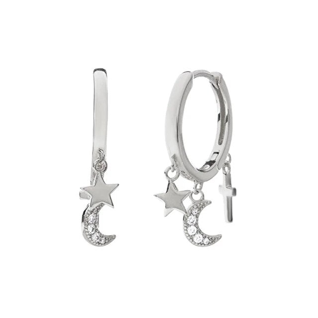Sterling Silber Kristall Mond Stern & Kreuz Tropfen Charm Ohrringe | Shop Nory