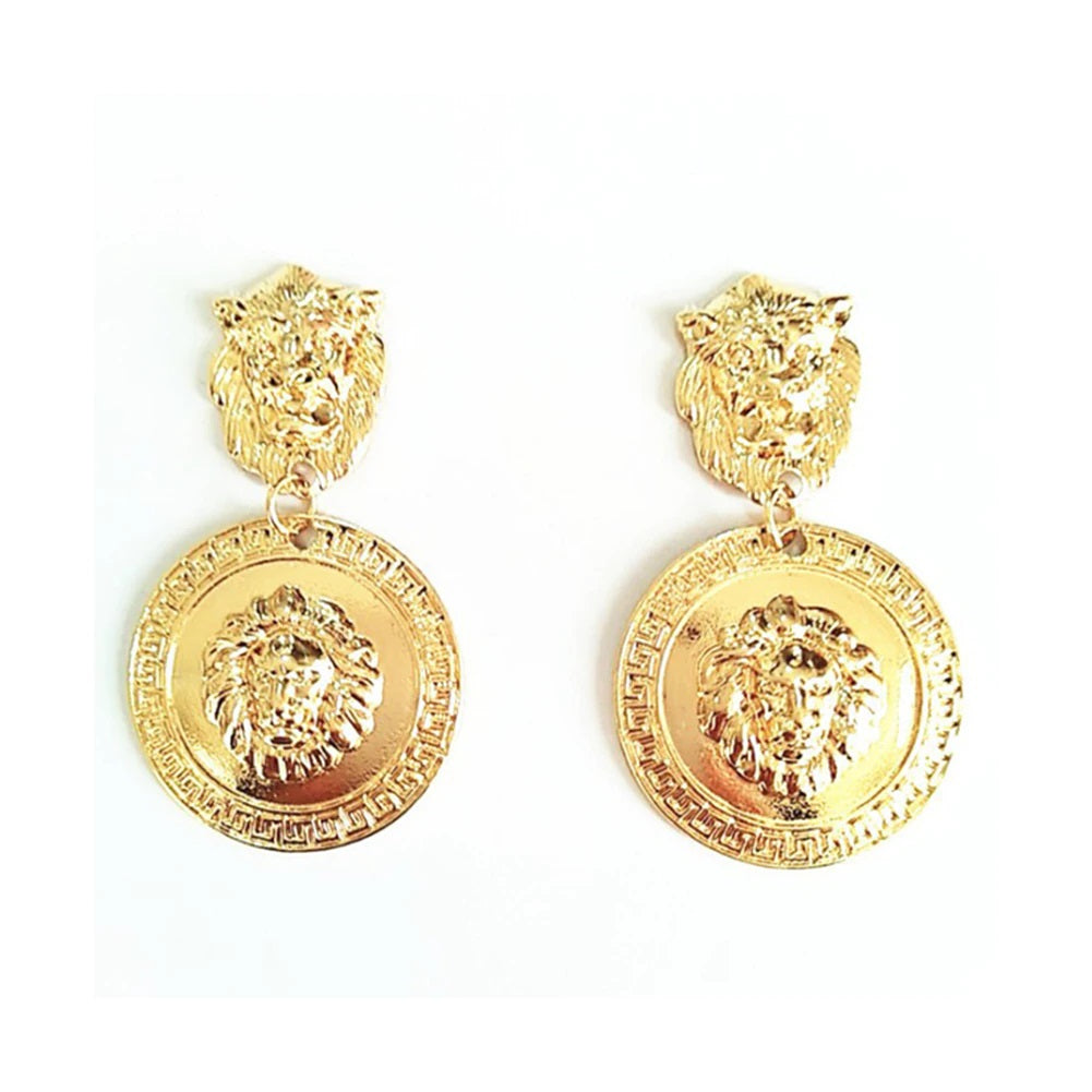 Lion Head Gold Plated Runde Medusa Medaillon Münz Ohrringe | Shop Nory