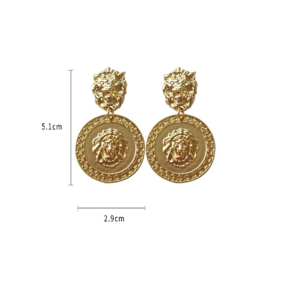 Lion Head Gold Plated Runde Medusa Medaillon Münz Ohrringe | Shop Nory