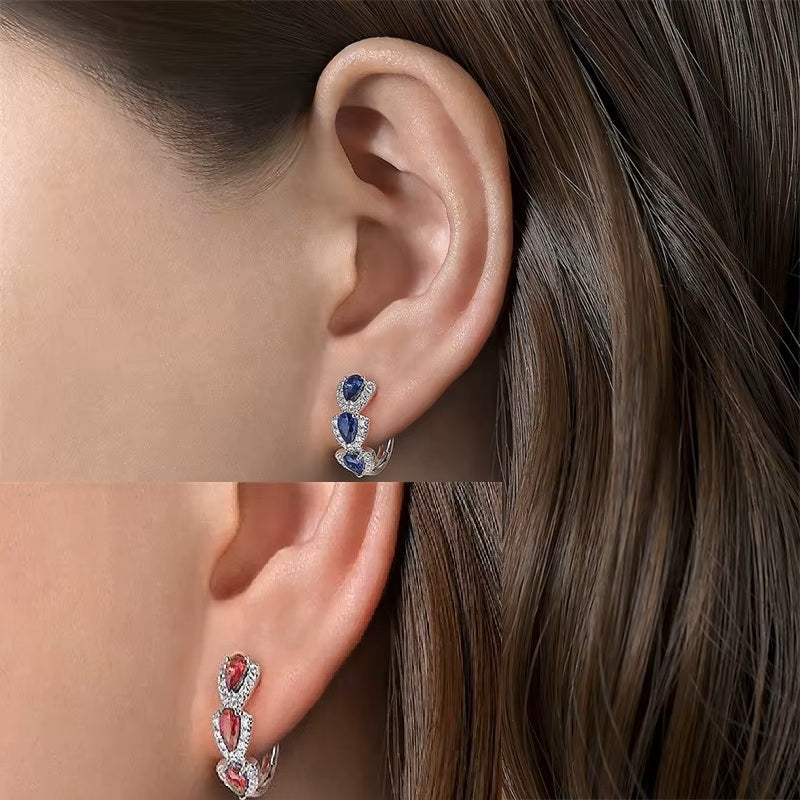 Damen Mädchen Elegante Silber Huggie Runde Blau Rot Kristall Hoop Ohrringe | Shop Nory
