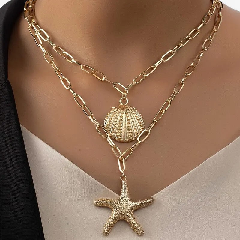 Damen Gold Beschichtete 2 Schichten Seestern Muschel Anhänger Gliederkette Halskette | Shop Nory