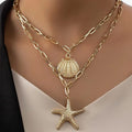 Damen Gold Beschichtete 2 Schichten Seestern Muschel Anhänger Gliederkette Halskette | Shop Nory
