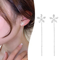 Damen Silber Glänzende Blume Strass Ohrclip Dünne Anhänger Lange Quasten Ohrringe | Shop Nory
