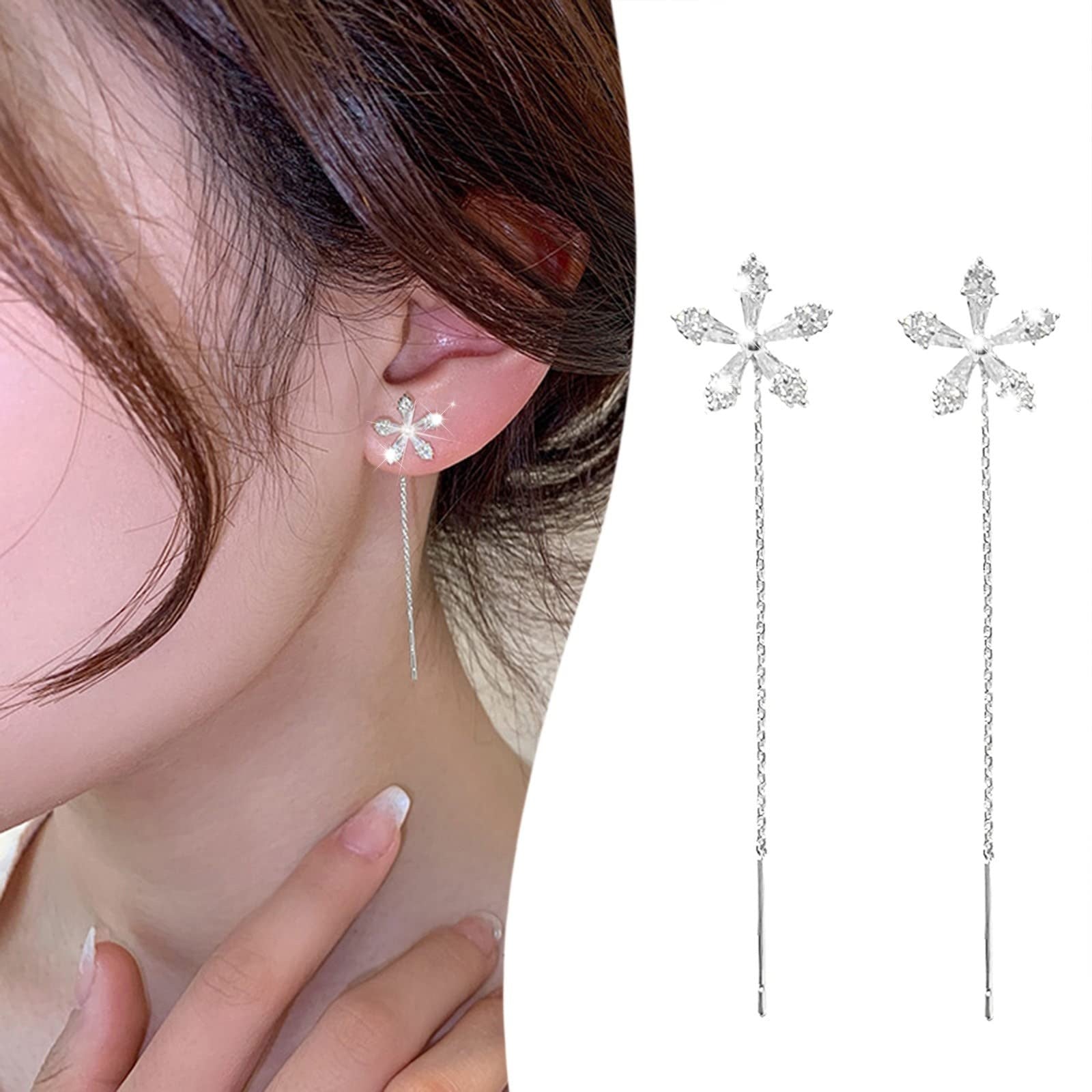 Damen Silber Glänzende Blume Strass Ohrclip Dünne Anhänger Lange Quasten Ohrringe | Shop Nory