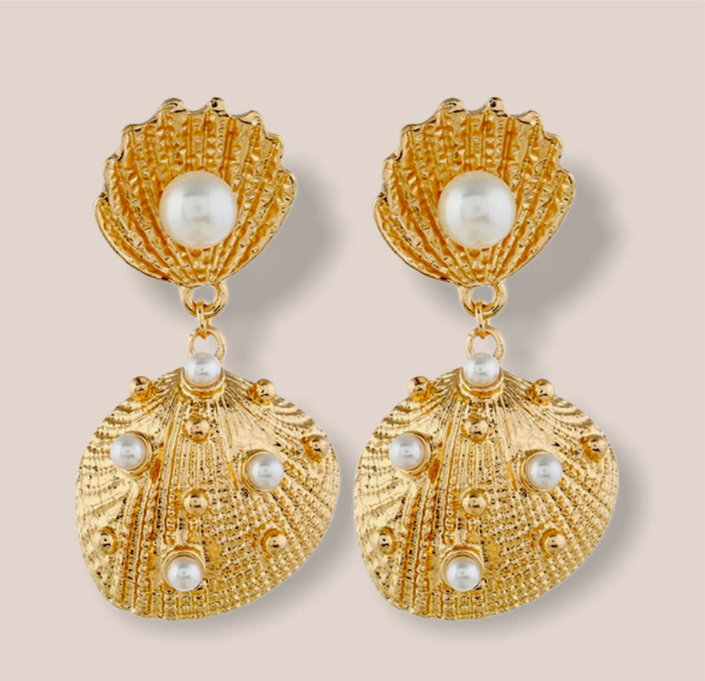 Damen Gold See Stern Doppel Muschel Einlage Faux Perlen Hängende Ohrringe | Shop Nory
