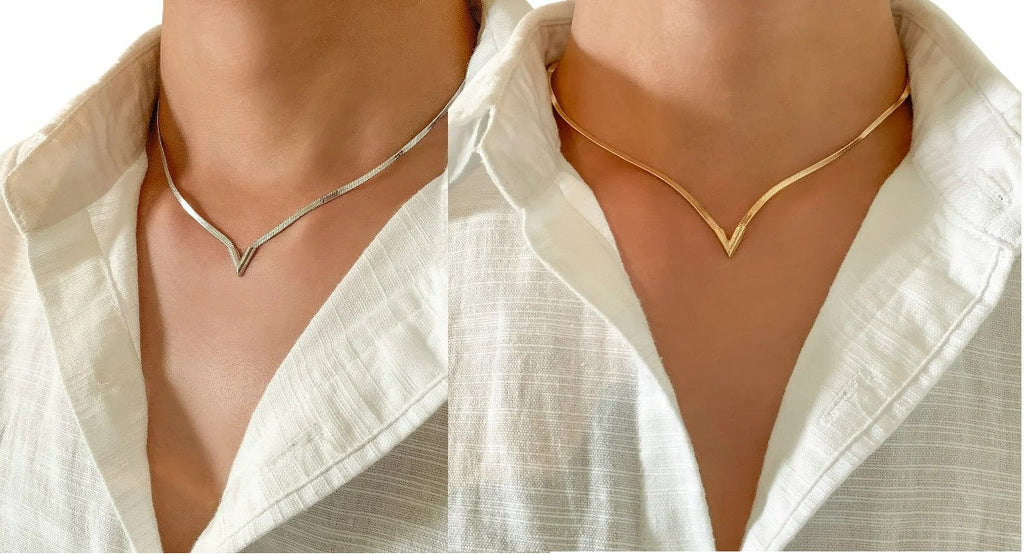 Damen V-förmiger Anhänger Flache Schlangenkette Clavicle Choker Halskette | Shop Nory