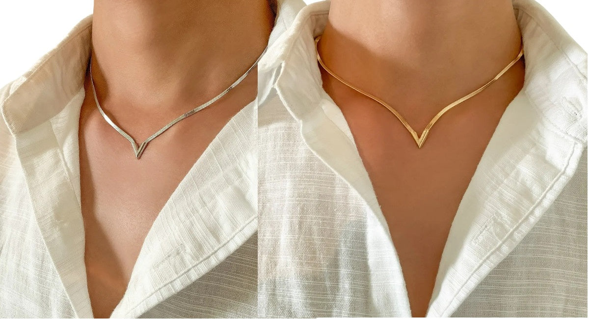 Damen V-förmiger Anhänger Flache Schlangenkette Clavicle Choker Halskette | Shop Nory