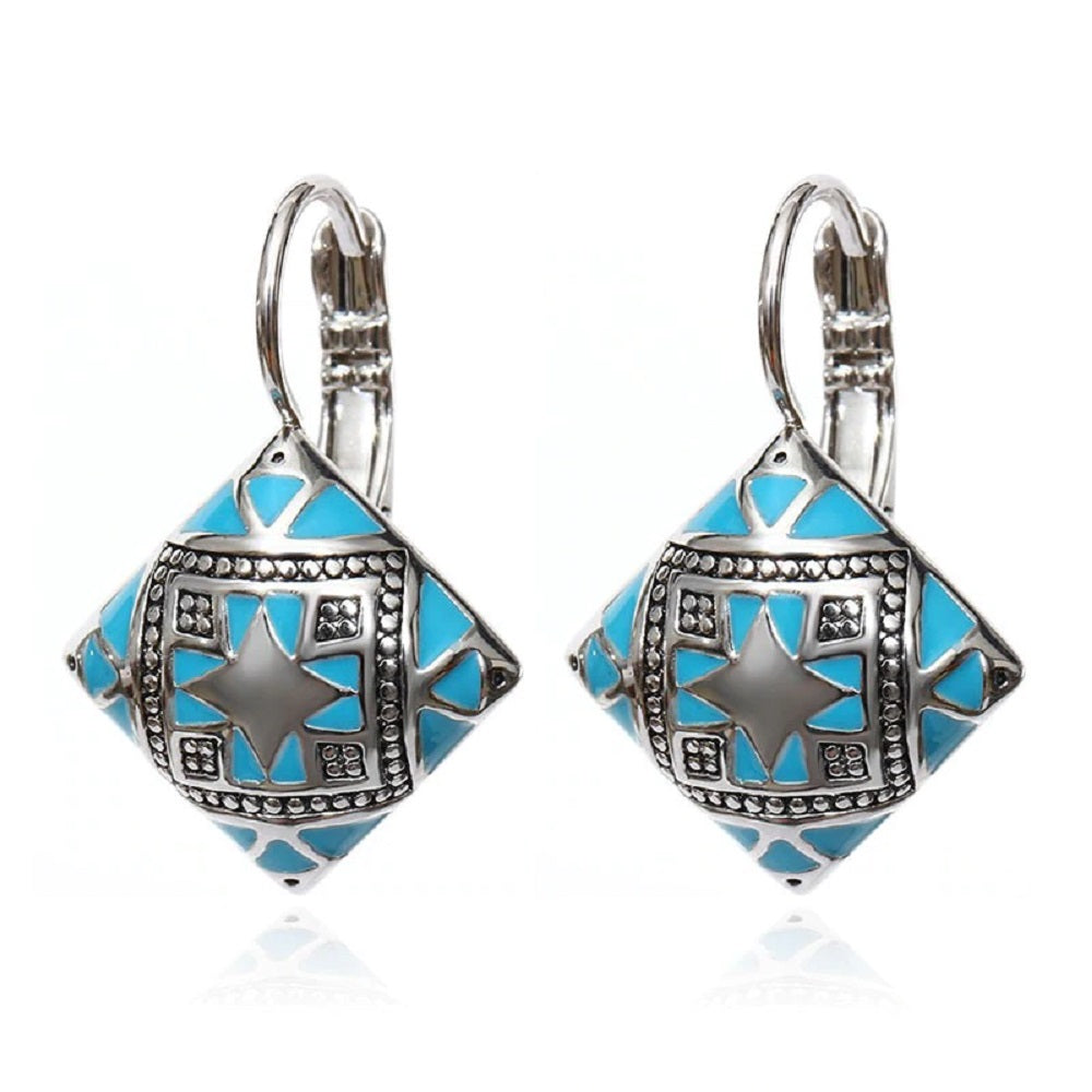 Damen Silber Blau Emaille Retro Quadratische Dangle Hook Ohrringe | Shop Nory
