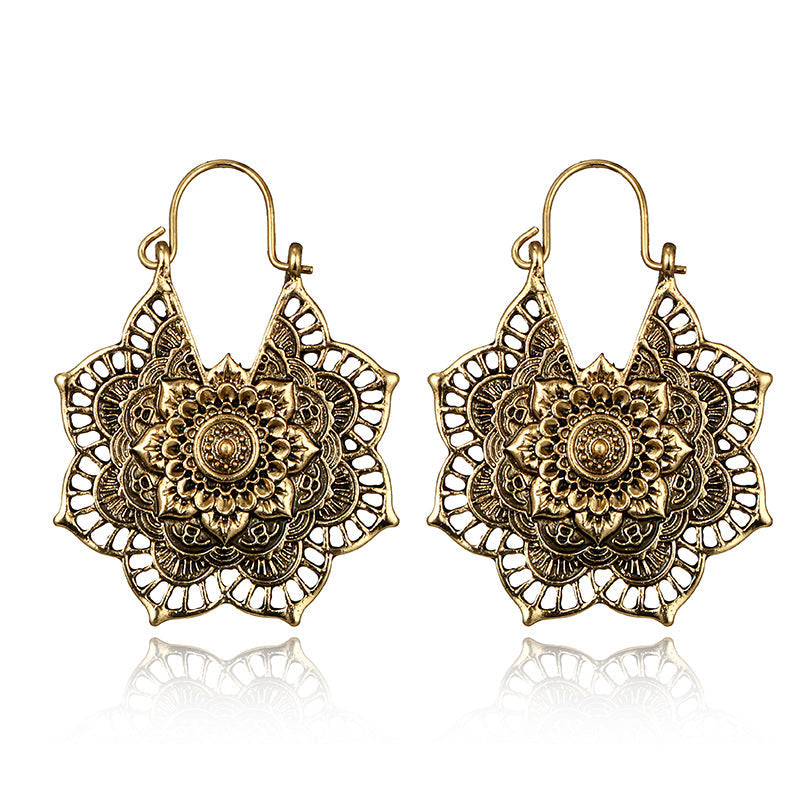 Damen Gold Vintage Tribal Messing Mandala Biene Blume Ausgeschnittene Haken Ohrringe | Shop Nory