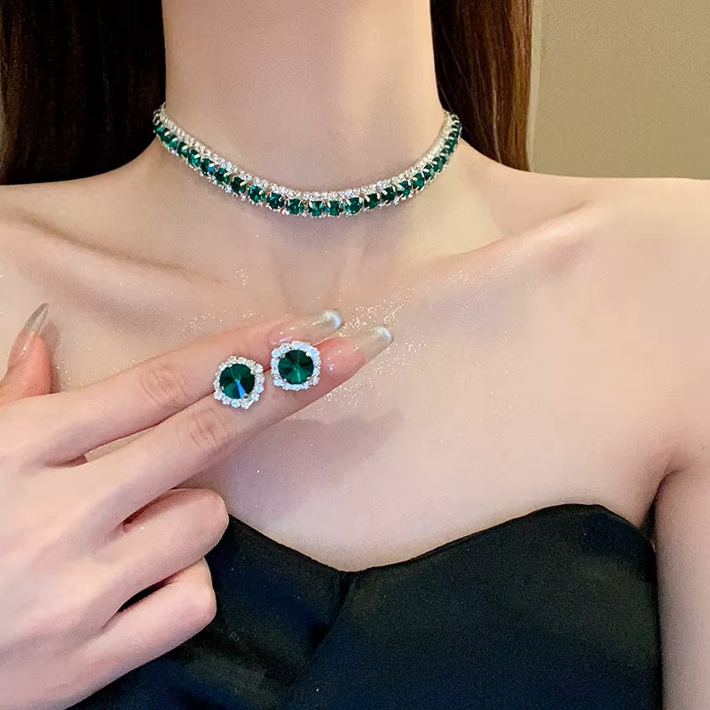 Damen Luxus Grüne Rhinestone Stecker Ohrringe Party Choker Halskette | Shop Nory