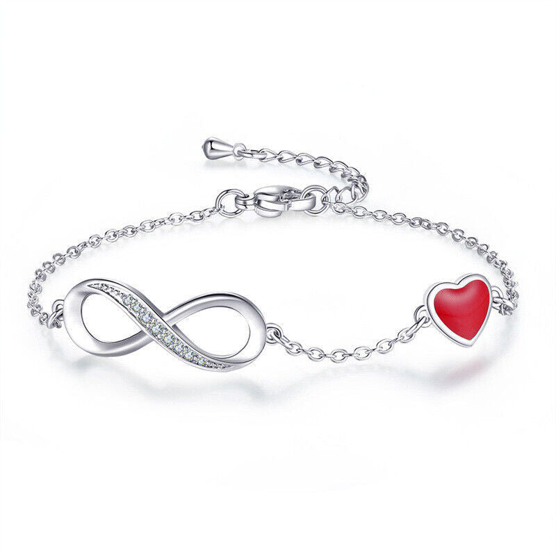 Damen Silber Rote Herzförmige Kristall Unendlichkeit-Link Kettenarmband | Shop Nory