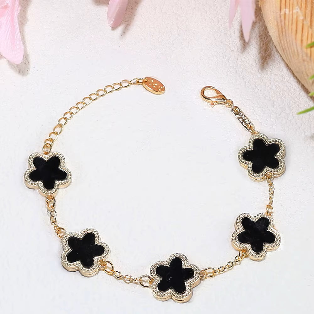 Damen Gold Schwarz Vierblättriger Klee Link Kettenarmbänder | Shop Nory