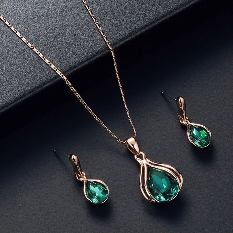 Damen Gold Wassertropfen Grüne Strass Ohrringe Anhängerkette Set | Shop Nory