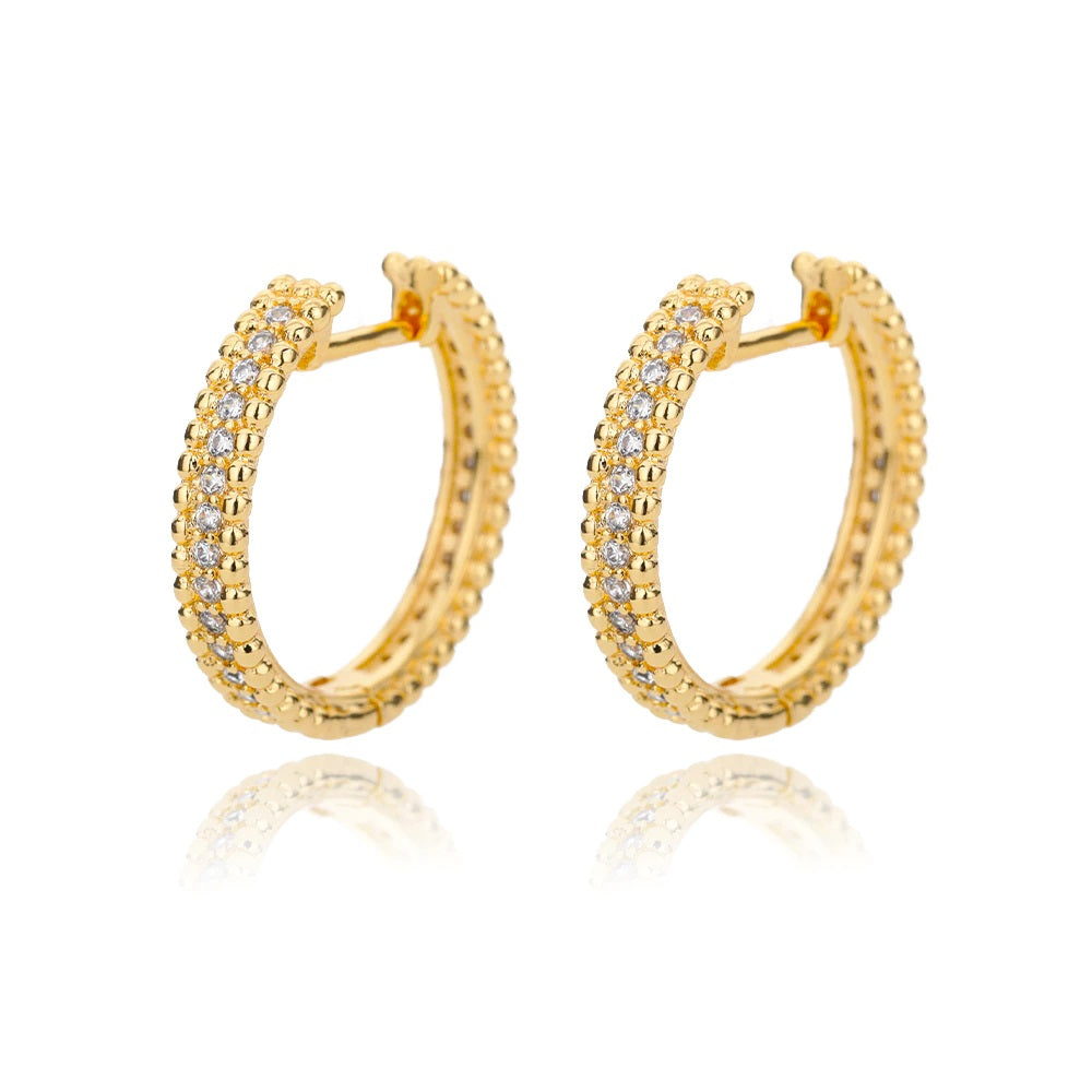 Goldene Runde Mittlere Perlenbesatz Mittel Zircon Creolen Ohrringe für Frauen | Shop Nory