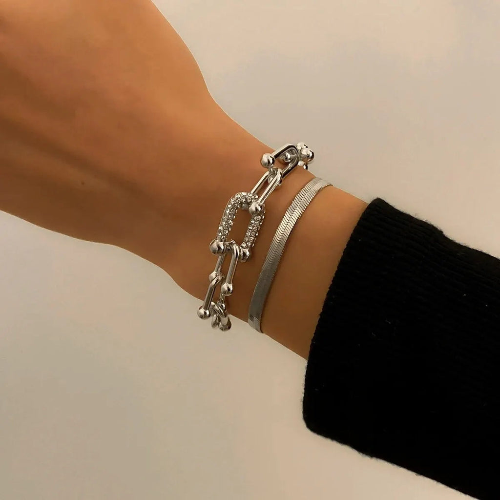 Damen Silber Kupfer Kette Interlock Link Kristall 2Stücke Armbänder | Shop Nory