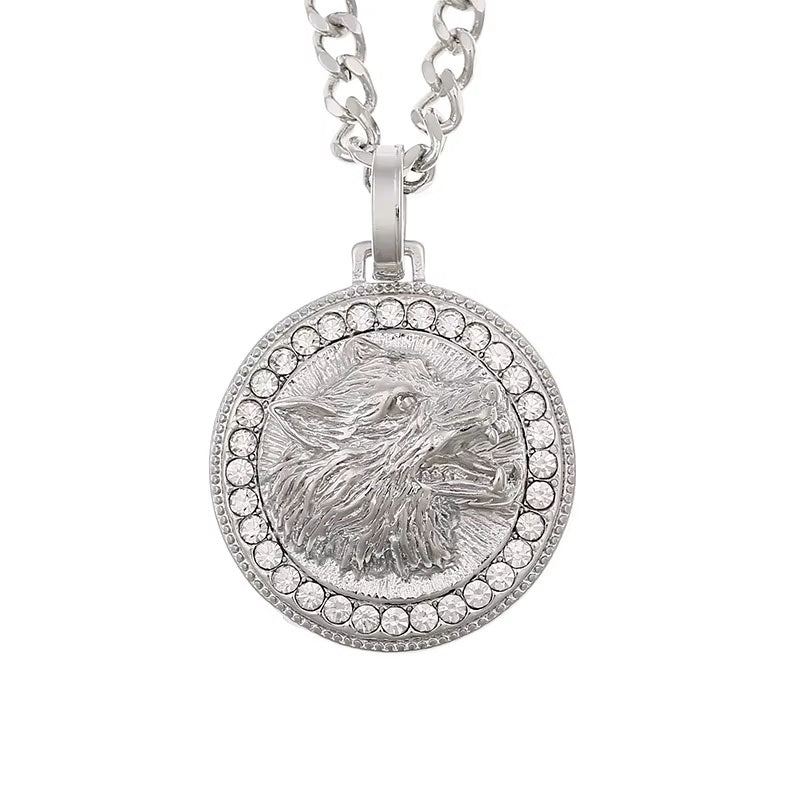 Herren Unisex Silber Brüllender Wolf Kopf Kristalle Solide Anhänger Geflechtkette Halskette | Shop Nory