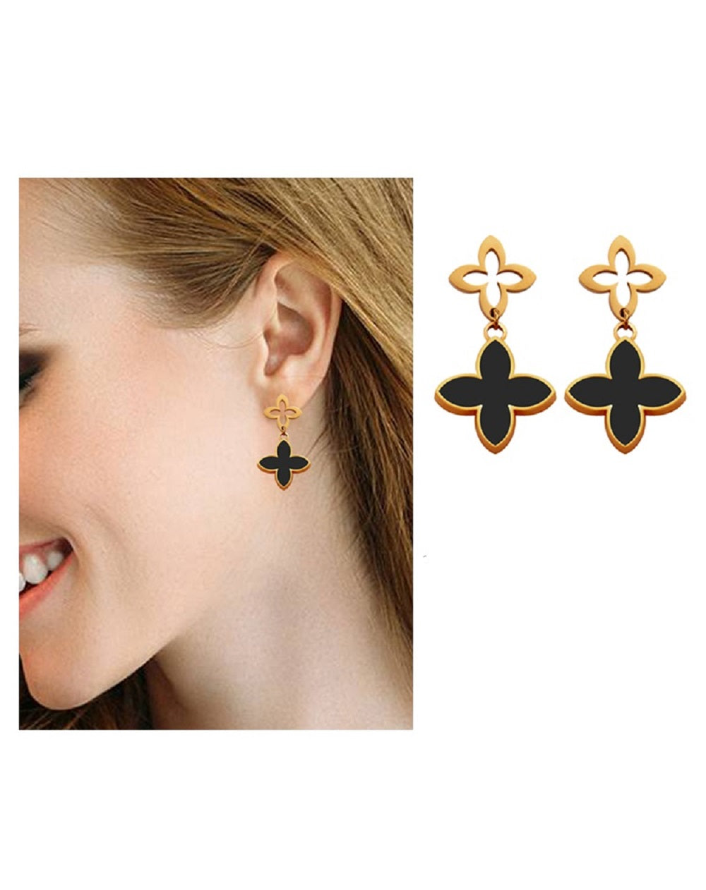Damen Schwarze Gold Hypoallergene Edelstahl Glücksklee Ohrstecker | Shop Nory