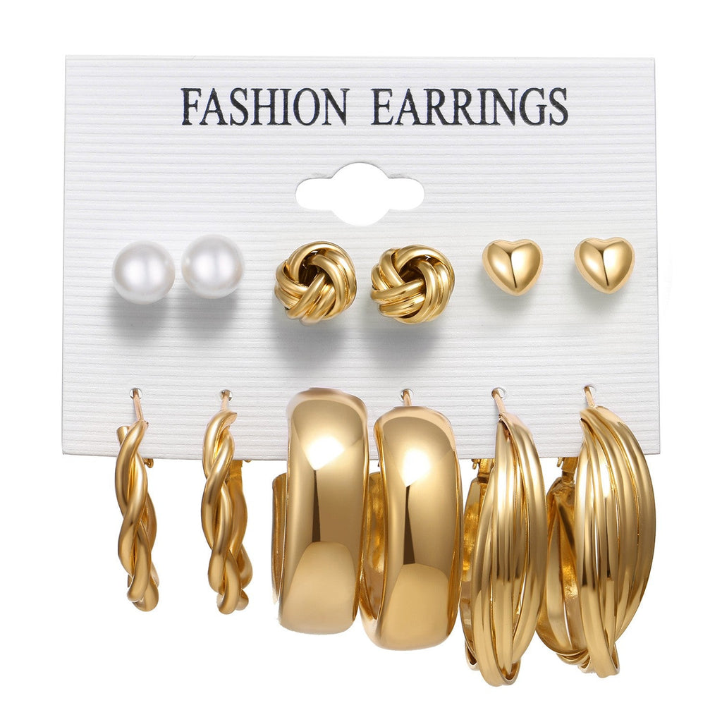 Damen Gold Glatte Dreh Hoop Faux Perlen Herz 6 Paar Ohrringe | Shop Nory