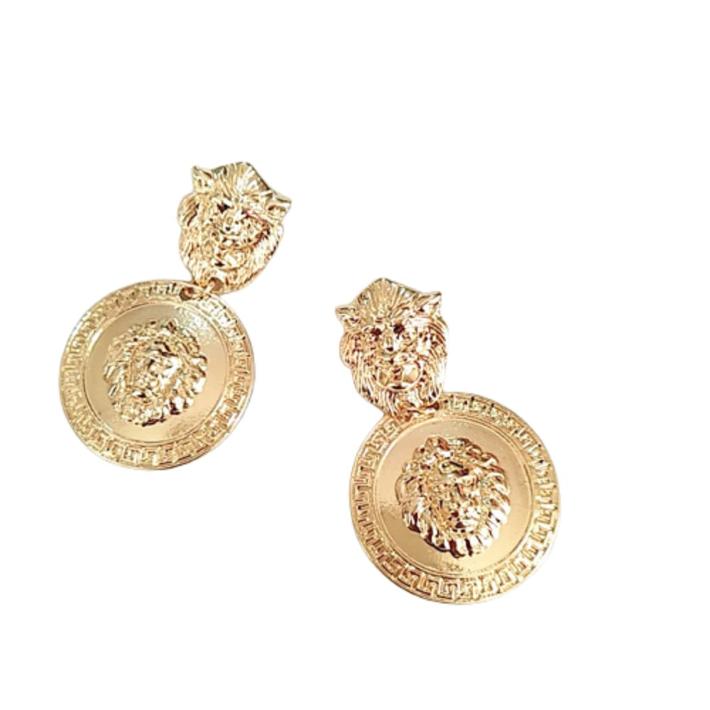 Lion Head Gold Plated Runde Medusa Medaillon Münz Ohrringe | Shop Nory