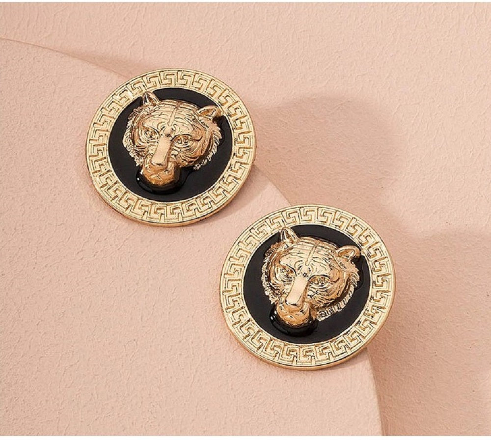 Damen vergoldete Tigerkopf Anhänger Stecker Ohrringe | Shop Nory