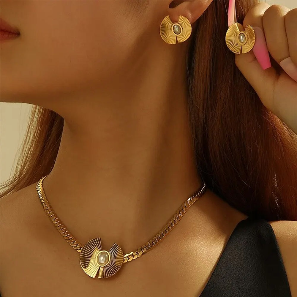 Damen Gold Fan Design Perlenmitte Ohrringe Choker Party Halskette Set | Shop Nory