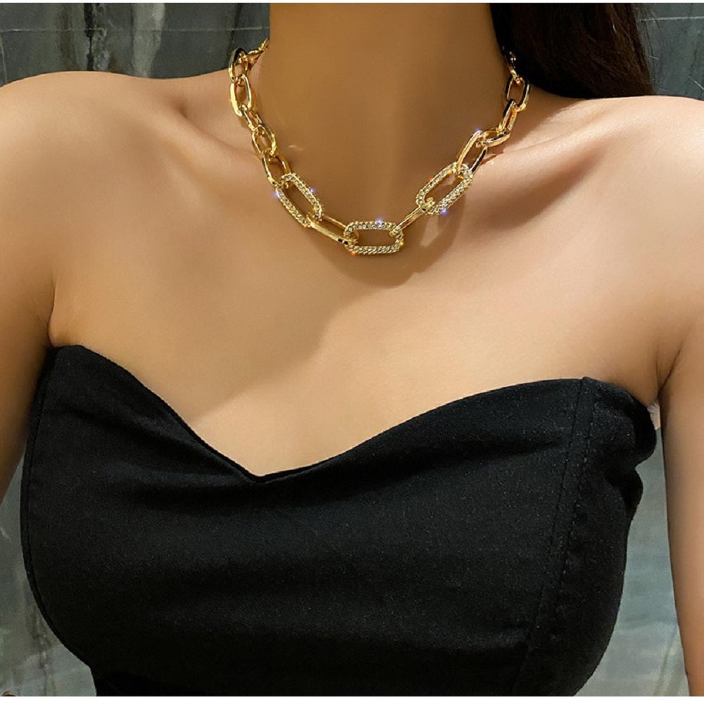 Damen Gold Silber Dick Rechteckige Gliederkette Kristall Choker Halskette | Shop Nory