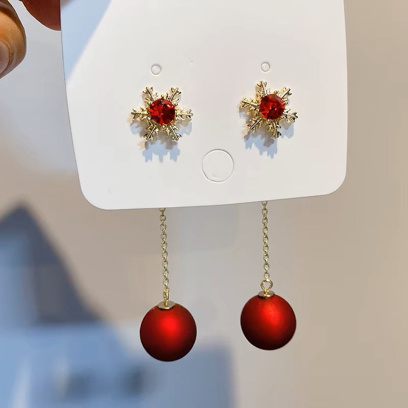 Damen Glitzernde Rote Kristall Schneeflocken Ball Drop Dangle Ohrstecker | Shop Nory