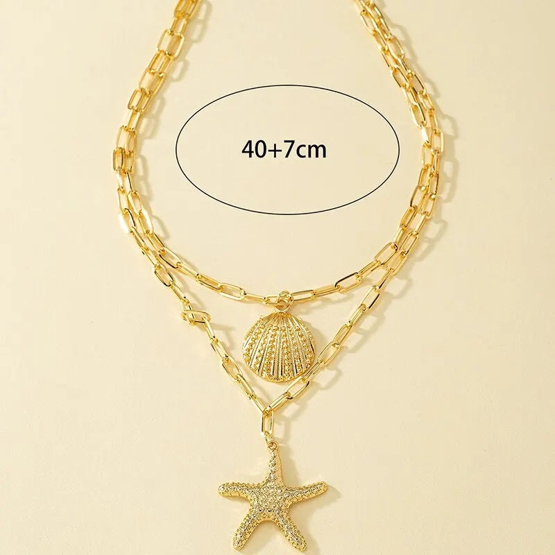 Damen Gold Beschichtete 2 Schichten Seestern Muschel Anhänger Gliederkette Halskette | Shop Nory