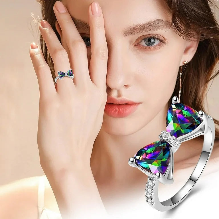 Damen Sterling Silber Beschichtet Funkelnder Mehrfarbiger Diamantgeschliffener Kristall Schleifenring | Shop Nory