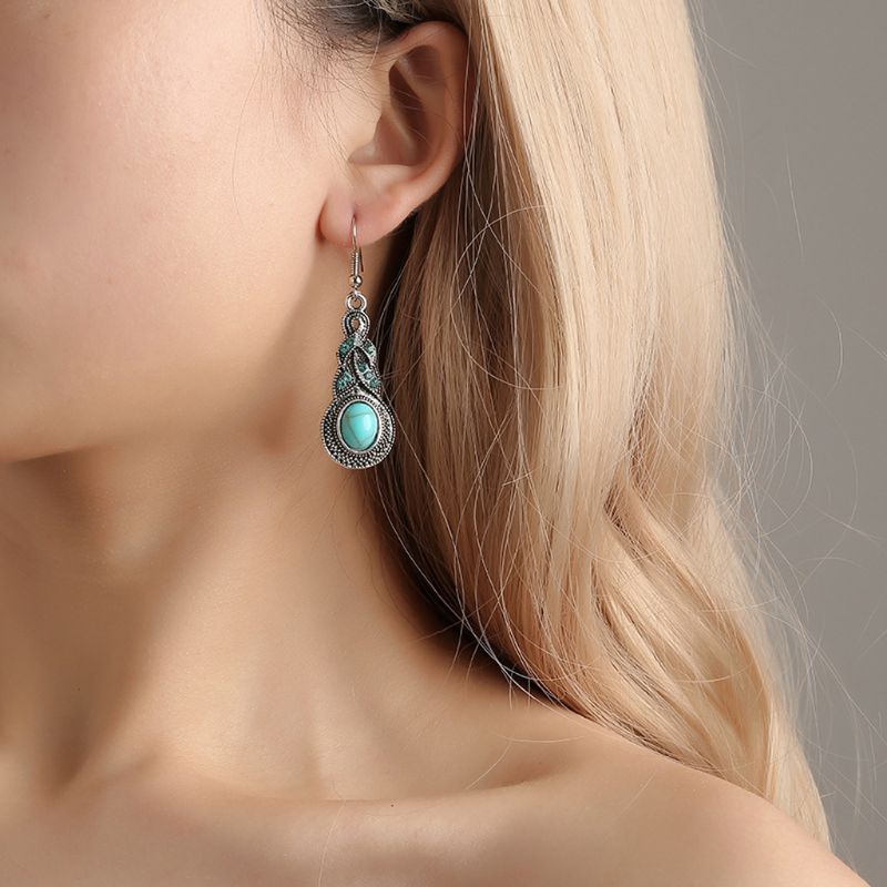 Damen Ethnische Tibetische Silber Türkis Kristall Hängende Ohrringe & Halskette Set | Shop Nory