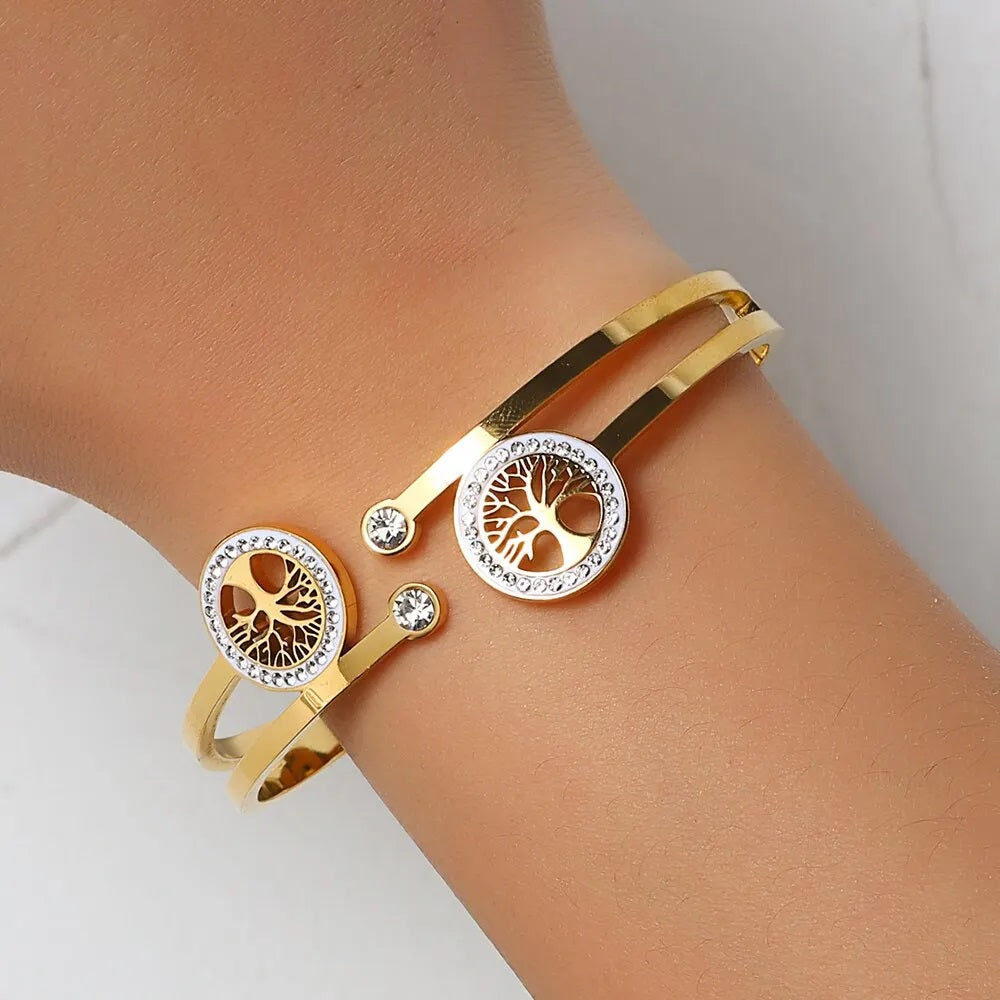 Damen Gold Luxus Edelstahl Lebensbaum Kubik-Zirkon Glücksarmband | Shop Nory