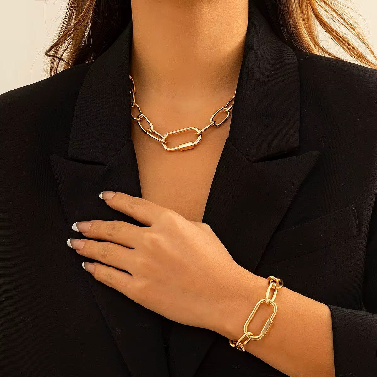 Damen vergoldete rechteckige Cuban Link Ketten und Armband Sets | Shop Nory