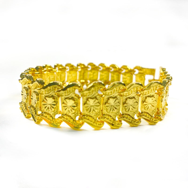 Herren Damen Unisex 24K Goldbeschichtete Breite Floral Geprägte Glieder Muster Armbänder | Shop Nory