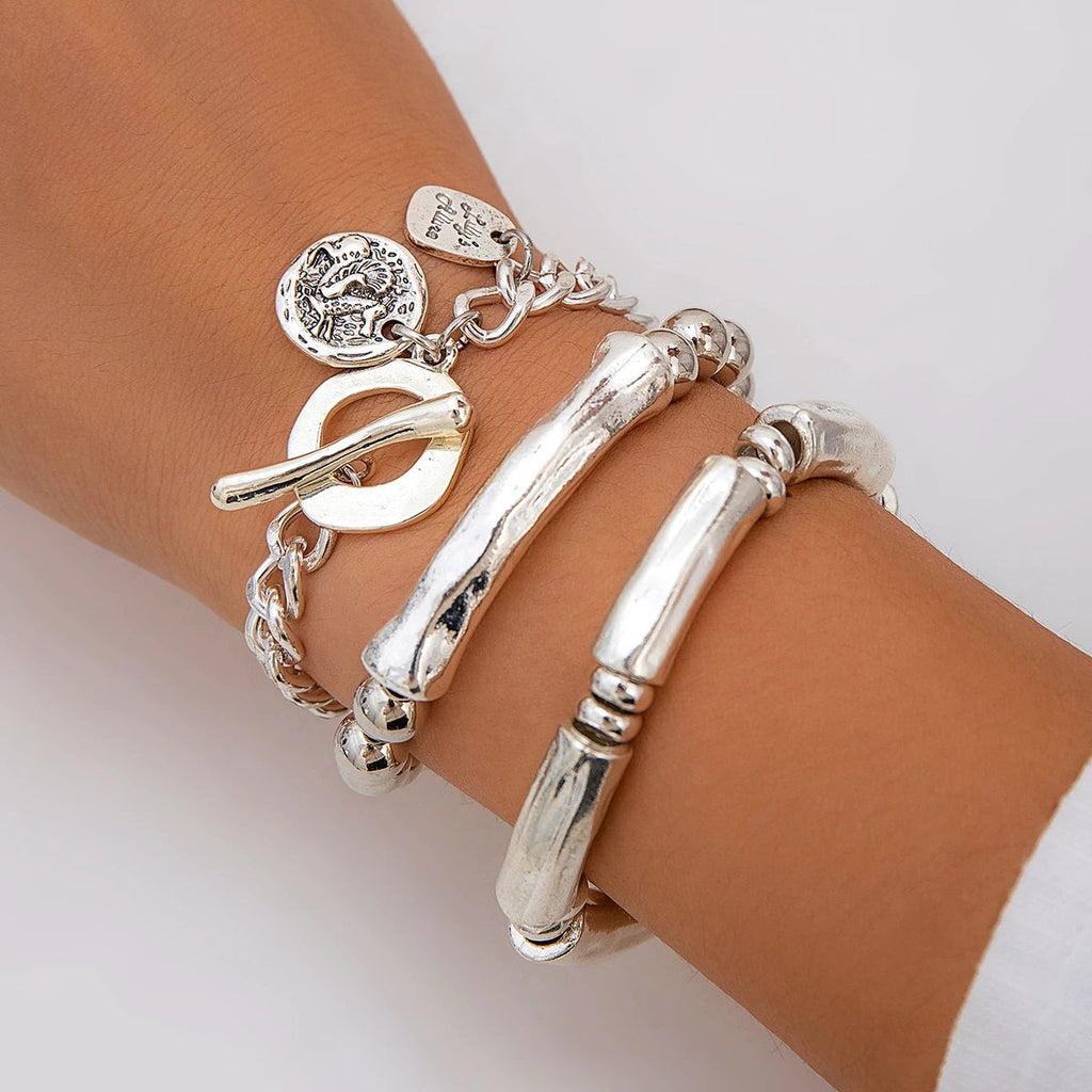 Damen Silberplattierte Chunky Runde Charm 3 Set Stapelbare Handchan Armband | Shop Nory