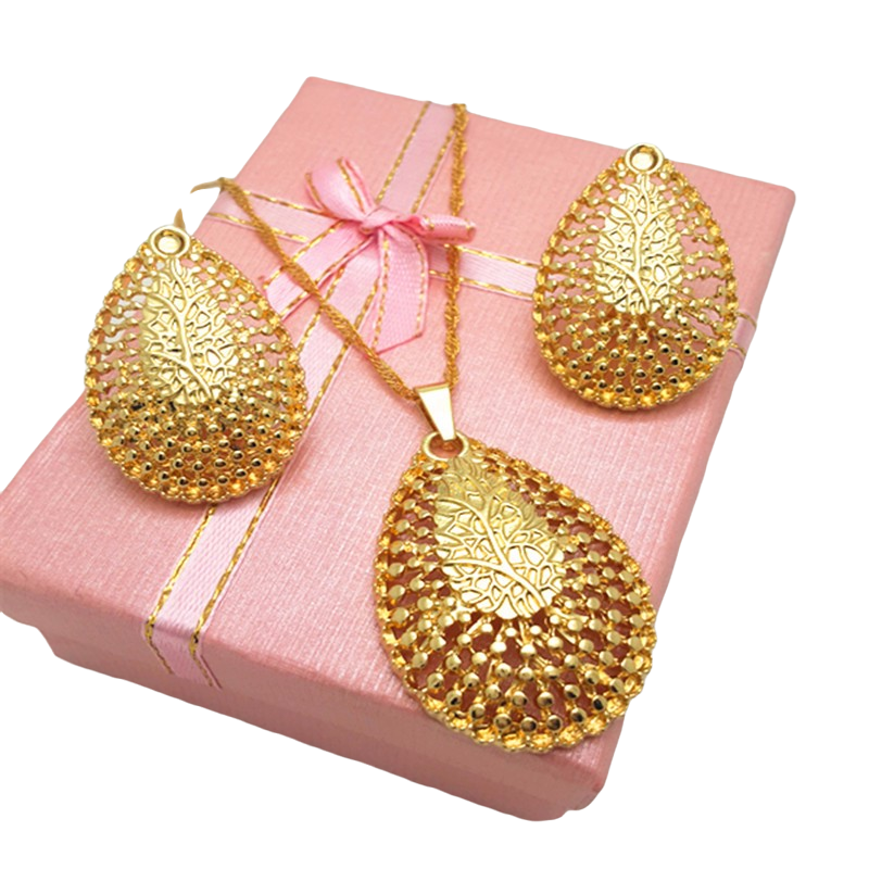 Damen Gold Cutout Baum Übergilde Oval Pendant Ohrringe Kettenhalskette Set | Shop Nory