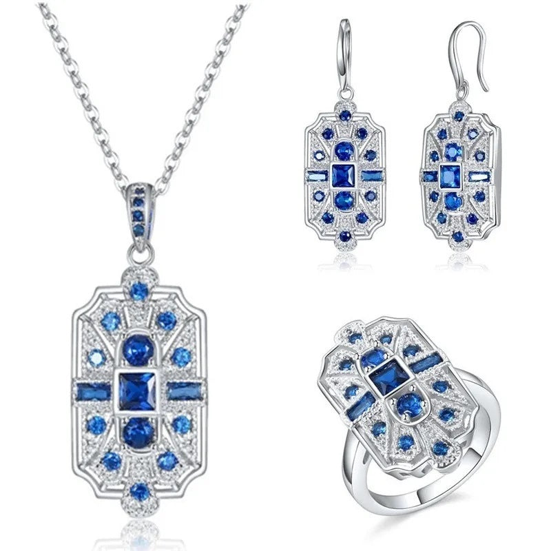 Damen Silber Weiß & Blau Kristallstein Halsketten-Set | Shop Nory